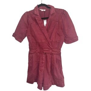 Day + Moon Womens Size S Burgundy Short Sleeve Collared Belted Romper‎
